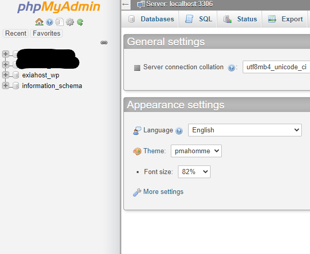 phpMyAdmin initial screen