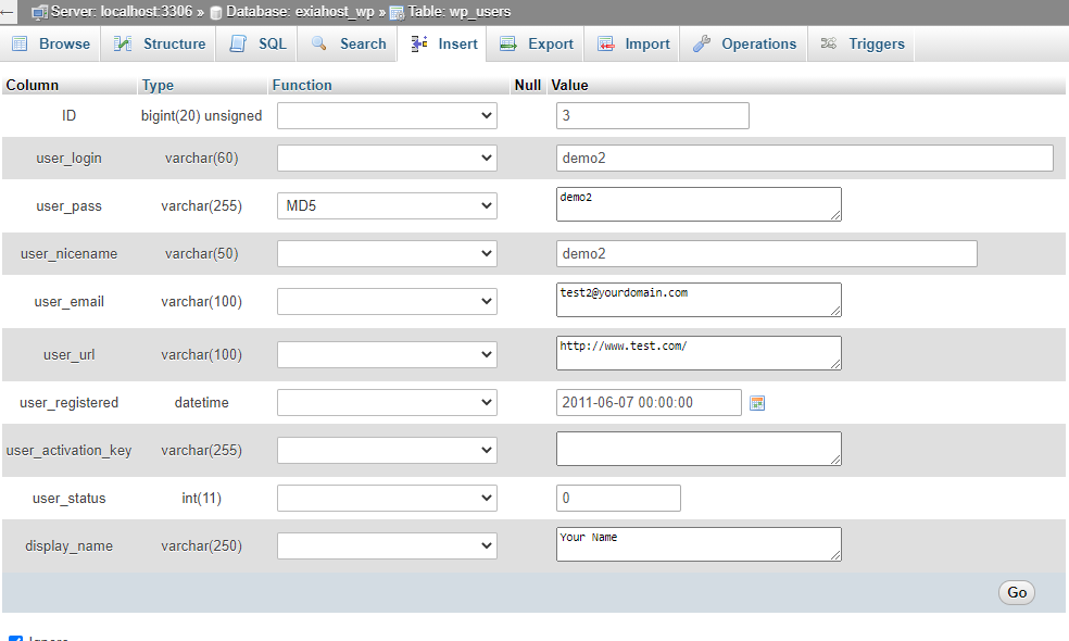 Adding a user with the Insert tab